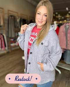 Grey Ribbed Hooded Button Shacket