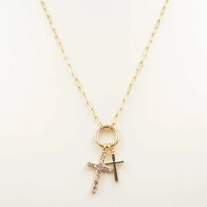 Gold Thin Double Cross Charm Necklace