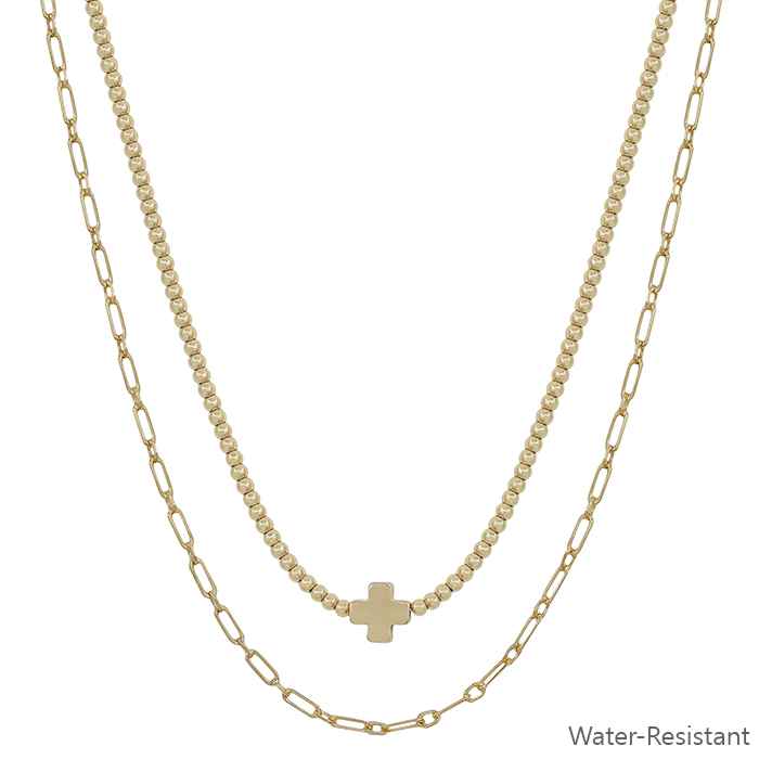 Gold Beaded with Gold Cross Layered Necklace