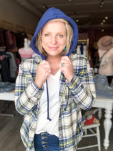 Load image into Gallery viewer, Navy Plaid Hooded Button Up
