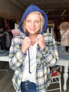 Navy Plaid Hooded Button Up