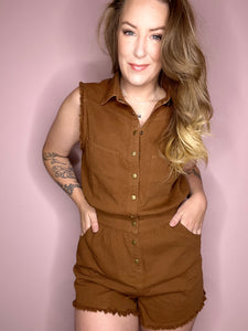 Toffee Button Up Washed Romper