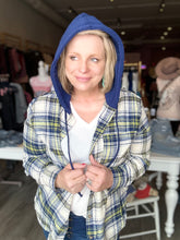 Load image into Gallery viewer, Navy Plaid Hooded Button Up
