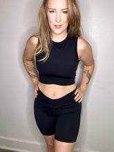 Load image into Gallery viewer, Black Crossover Waist Biker Shorts