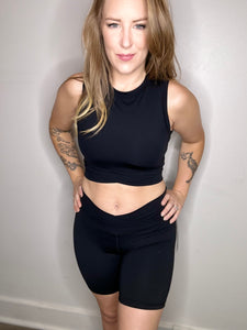 Black Crossover Waist Biker Shorts
