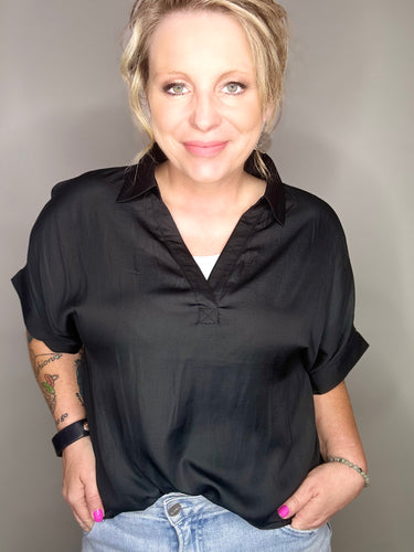 Black Collared Short Sleeve Blouse