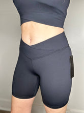 Load image into Gallery viewer, Black Crossover Waist Biker Shorts