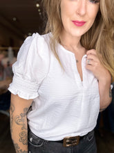 Load image into Gallery viewer, White Split Neck Smocked Sleeve Blouse