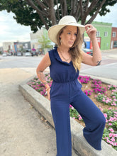Load image into Gallery viewer, Navy Ruffled V Neck Jumpsuit