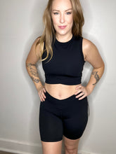 Load image into Gallery viewer, Black Crossover Waist Biker Shorts