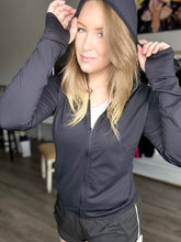Load image into Gallery viewer, Black Hooded Athletic Jacket