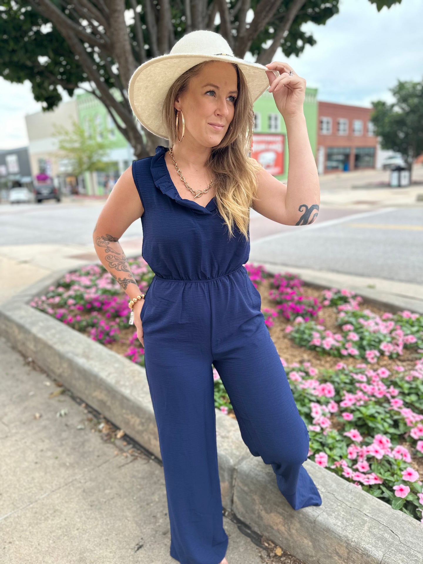 Navy Ruffled V Neck Jumpsuit