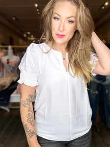 White Split Neck Smocked Sleeve Blouse