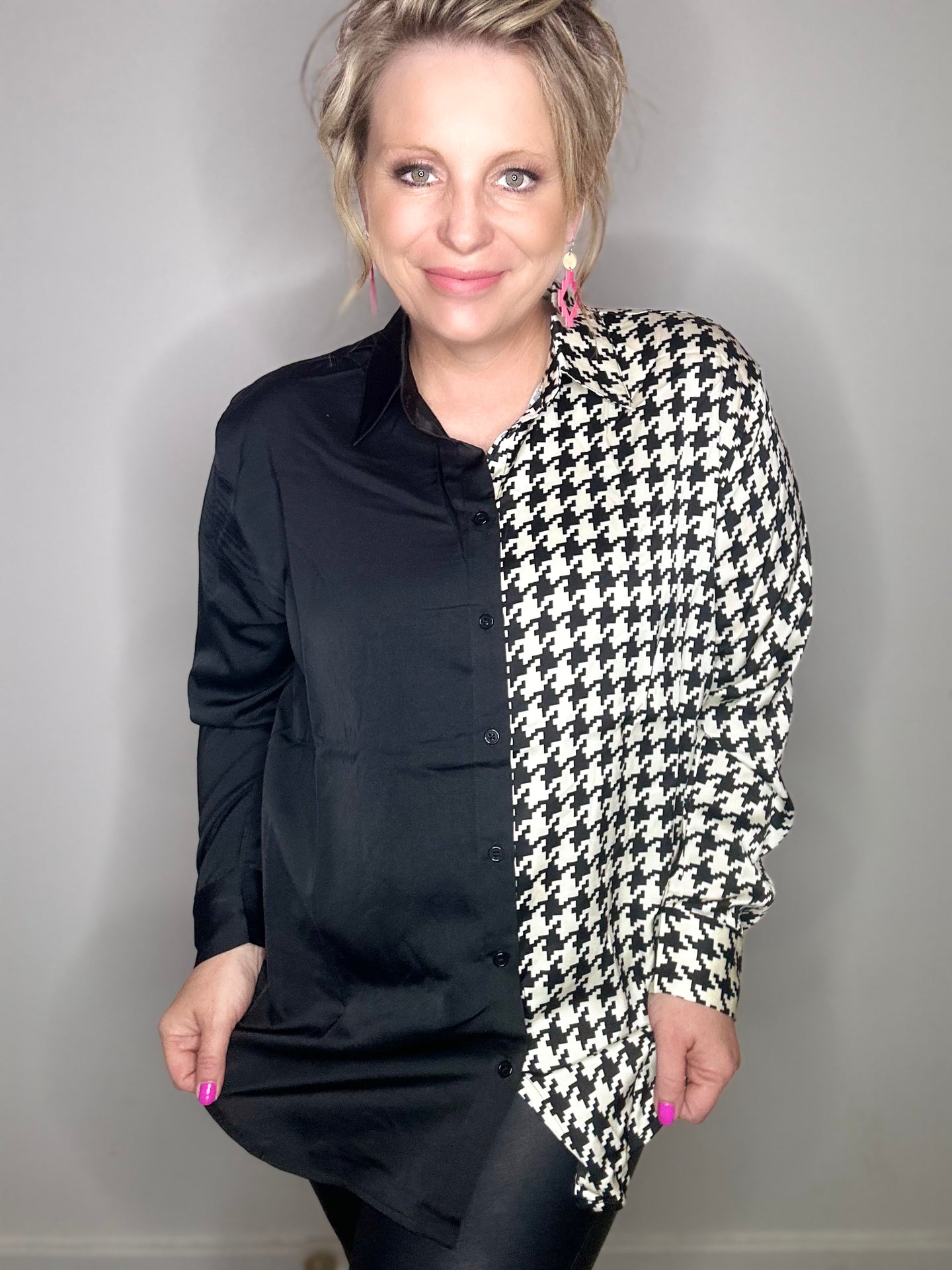 White Houndstooth Button Up Blouse