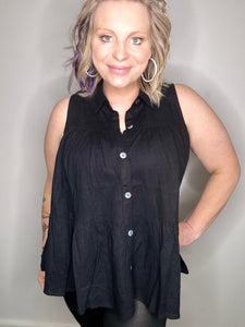 Black Tiered Pleated Button Tank