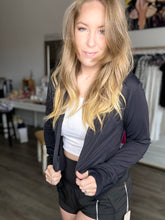 Load image into Gallery viewer, Black Hooded Athletic Jacket