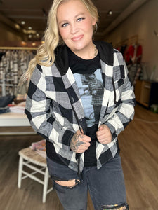 Black Plaid Hooded Button Up