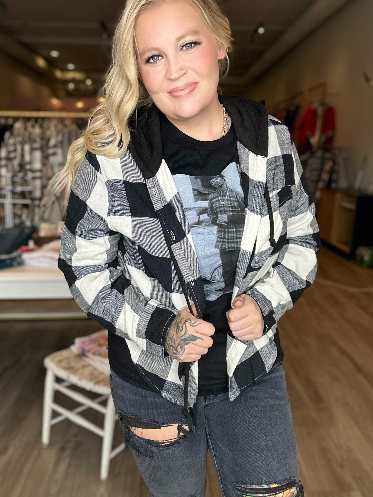 Black Plaid Hooded Button Up