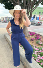 Load image into Gallery viewer, Navy Ruffled V Neck Jumpsuit