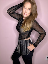 Load image into Gallery viewer, Black Rhinestone Stretch Mesh Long Sleeve