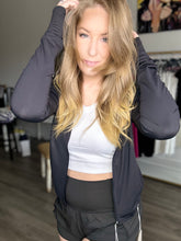 Load image into Gallery viewer, Black Hooded Athletic Jacket
