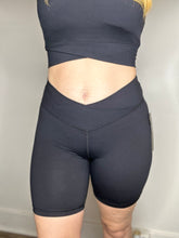 Load image into Gallery viewer, Black Crossover Waist Biker Shorts