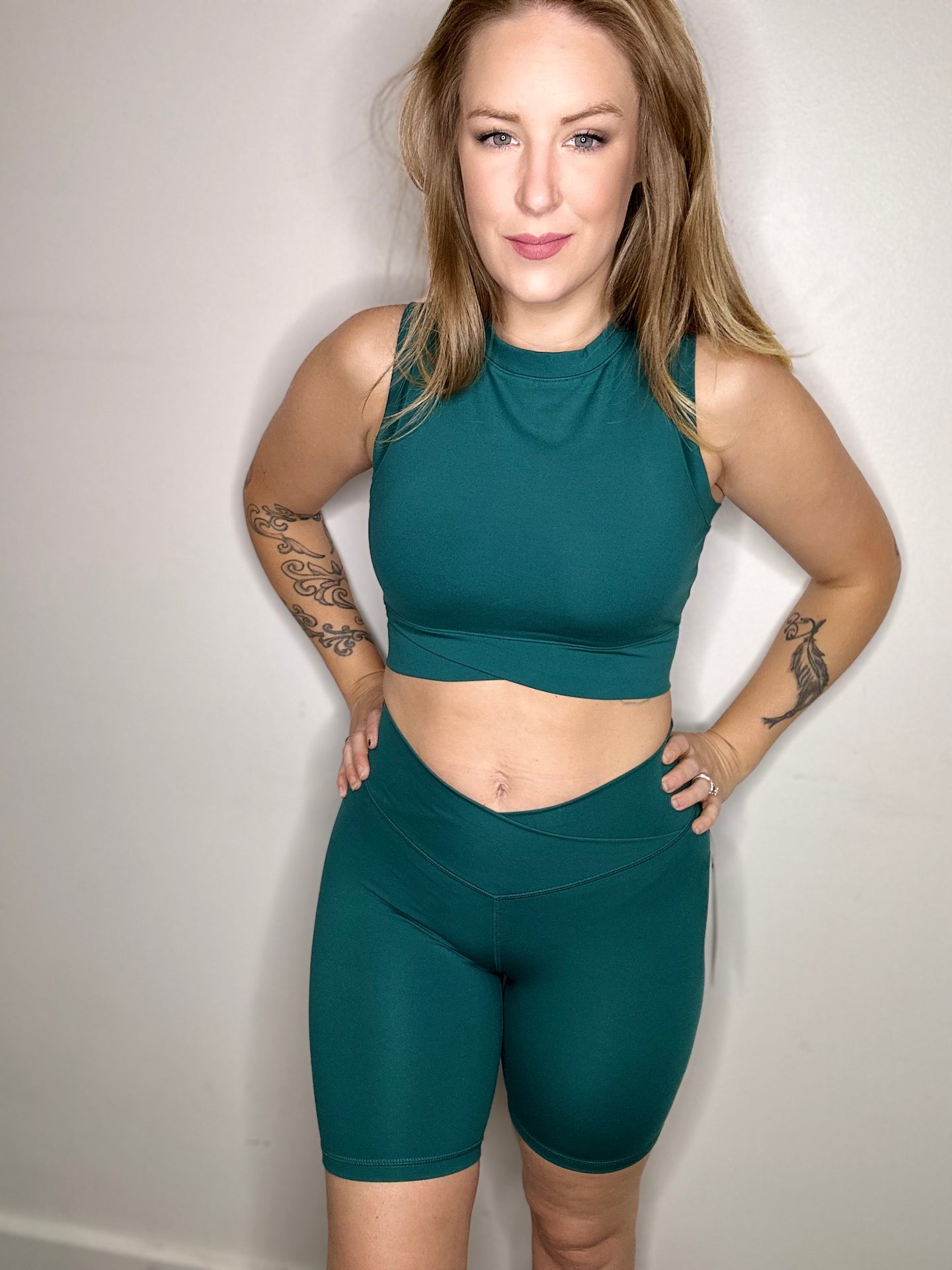 Turquoise Crossover Waist Biker Shorts
