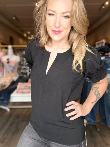 Black Split Neck Smocked Sleeve Blouse