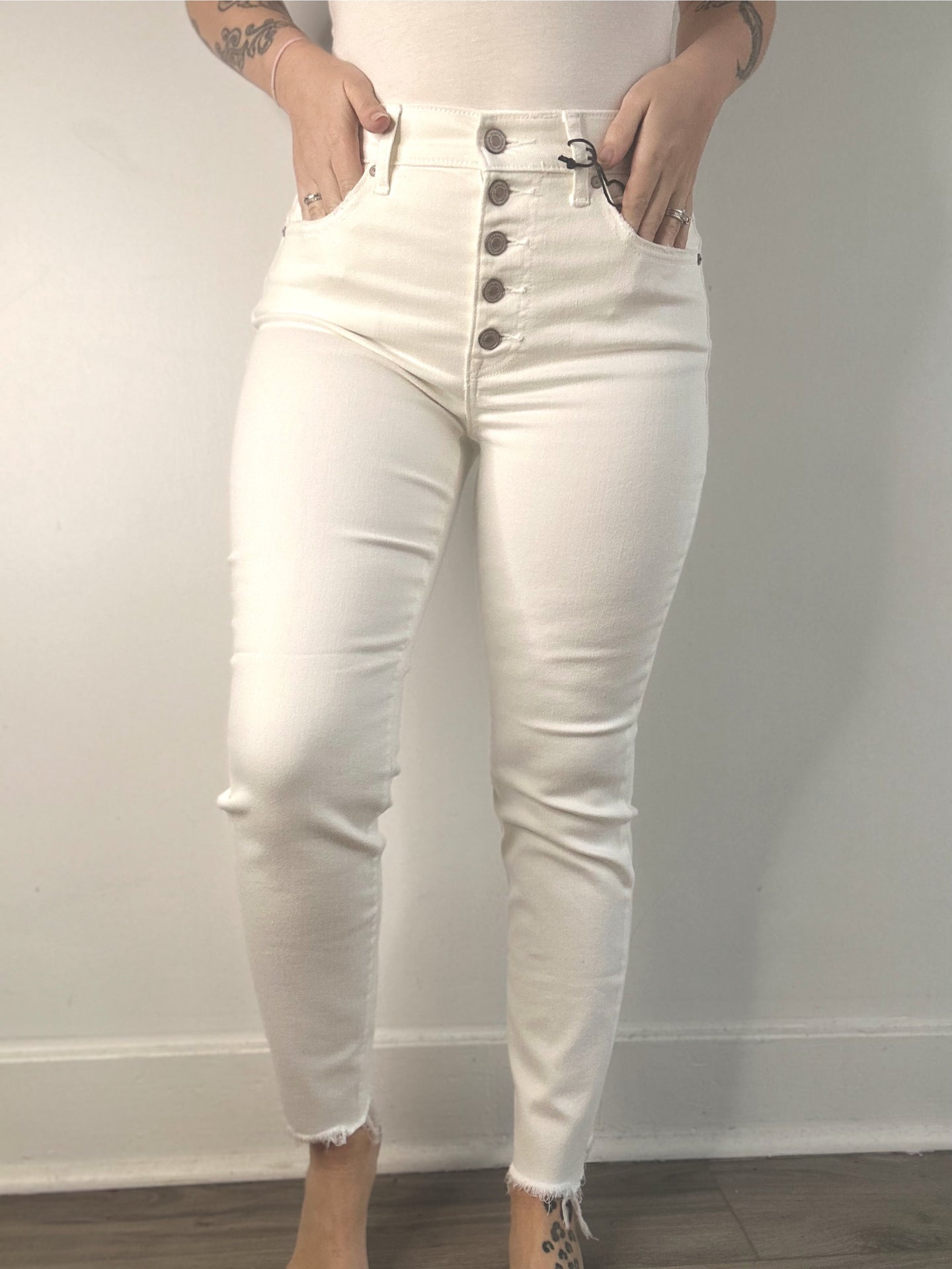 White Button Fly Frayed Skinny Jeans