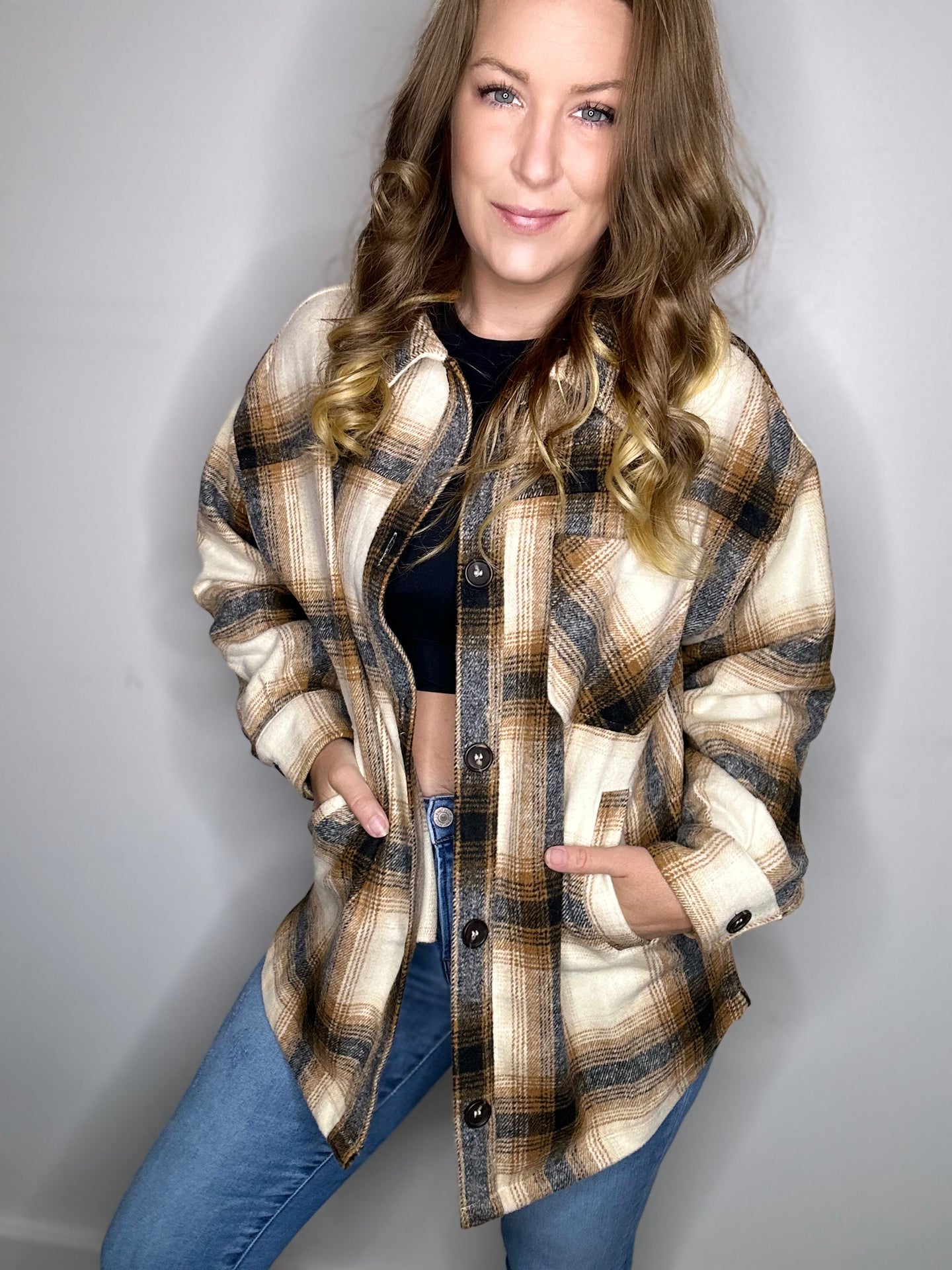 Camel Boyfriend Fit Plaid Shacket