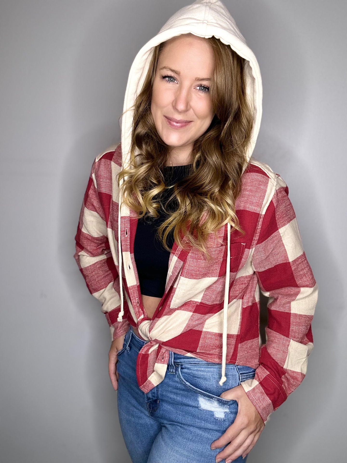 Red Plaid Hooded Button Up