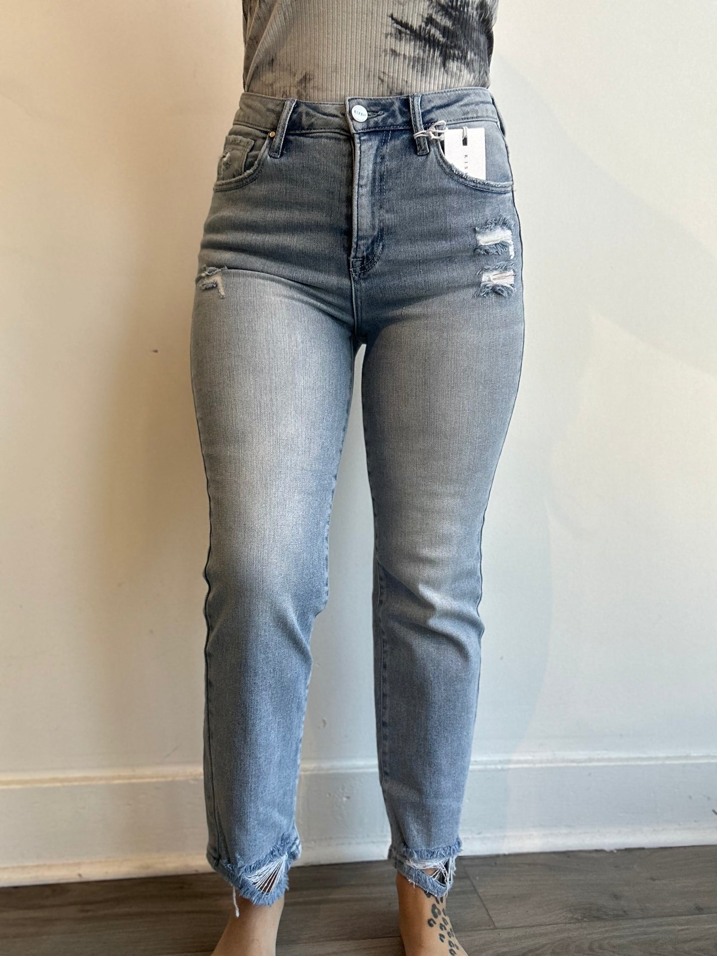 Risen High Rise Light Wash Distressed Jeans