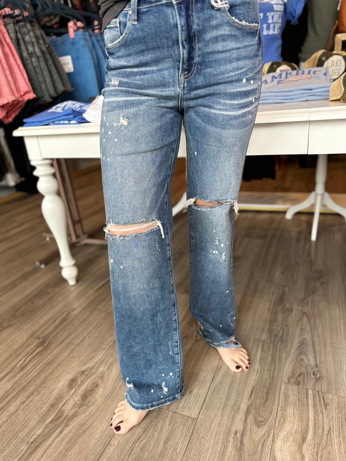 Risen High Rise Splashed Wide Leg Jeans