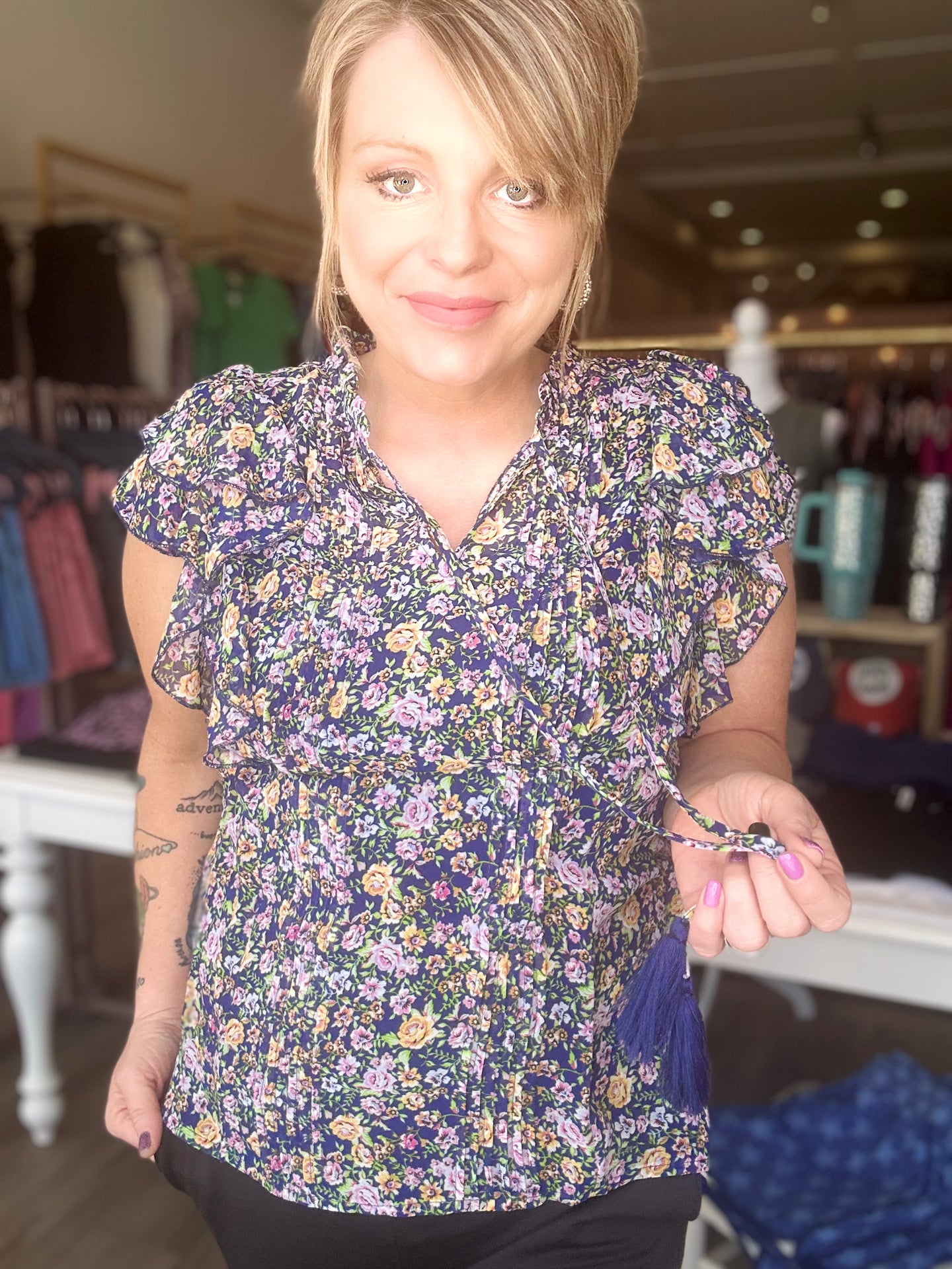 Navy Floral Chiffon Blouse