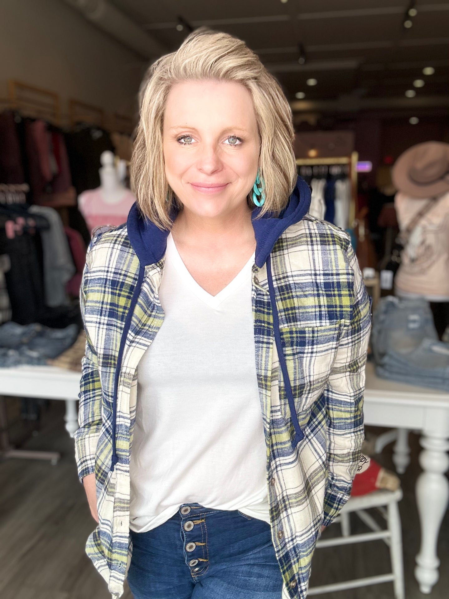 Navy Plaid Hooded Button Up