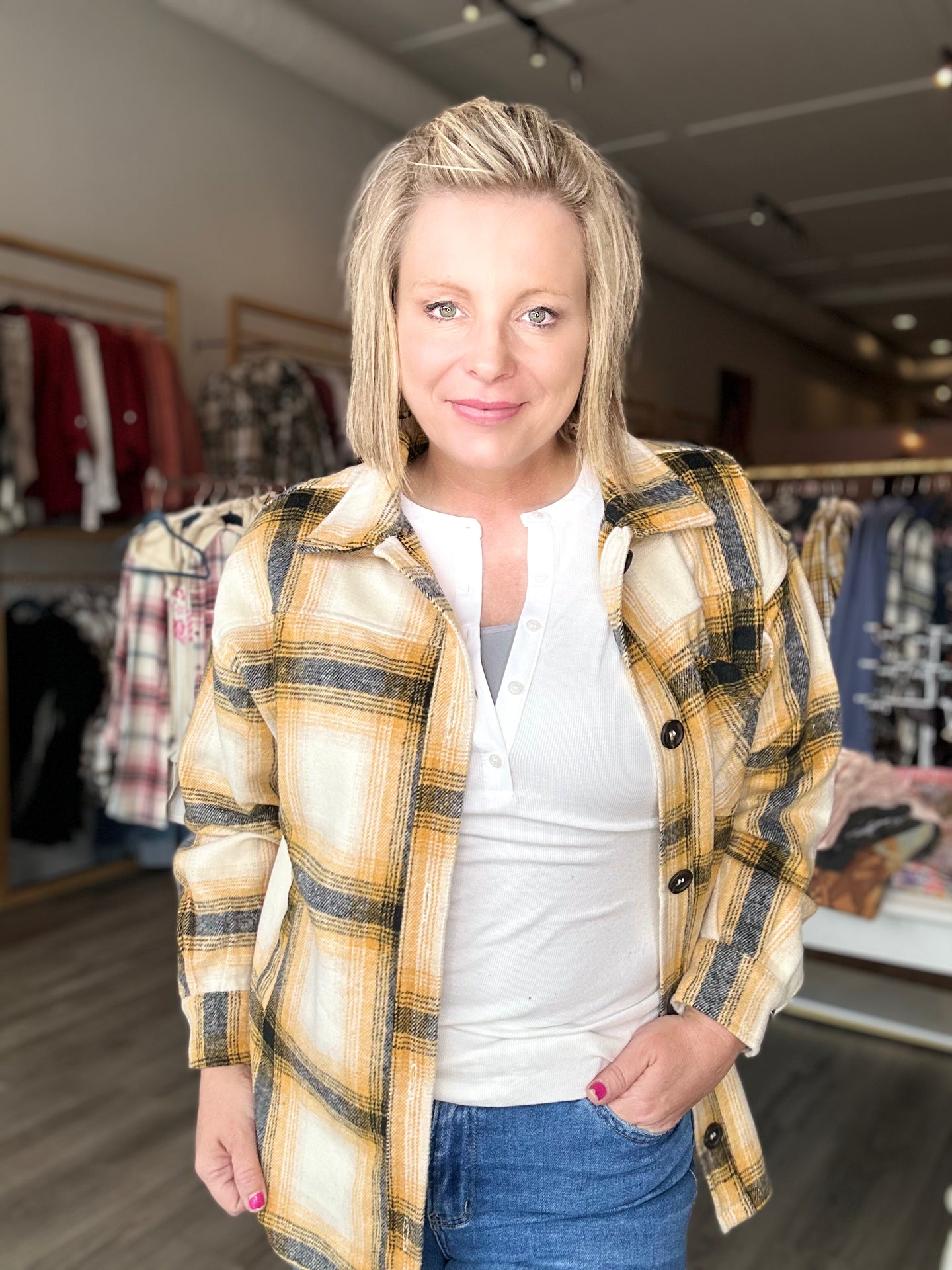Mustard Boyfriend Fit Plaid Shacket
