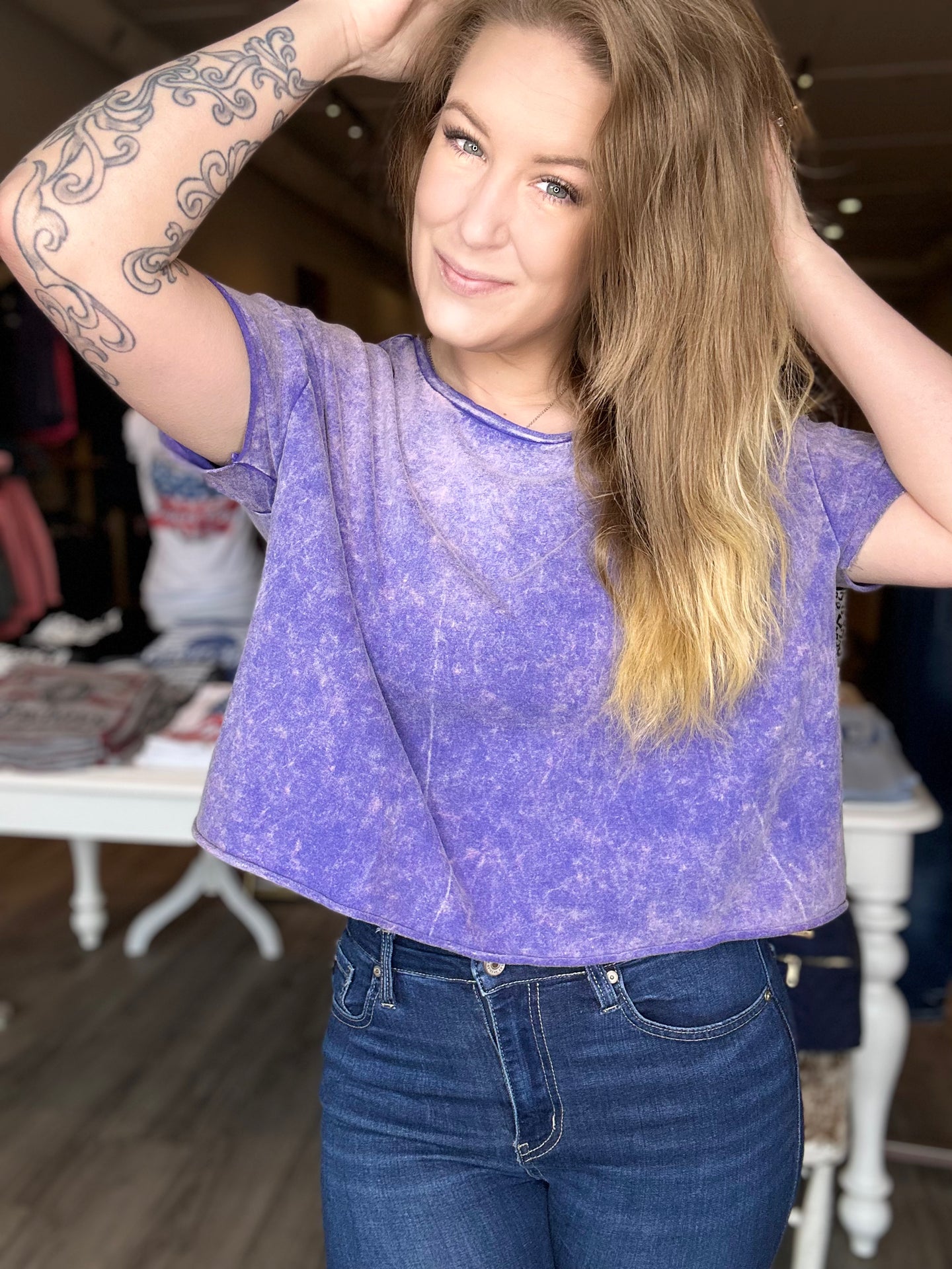 Purple Mineral Wash Crop Tee