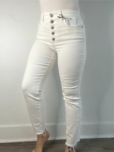White Button Fly Frayed Skinny Jeans