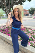 Load image into Gallery viewer, Navy Ruffled V Neck Jumpsuit
