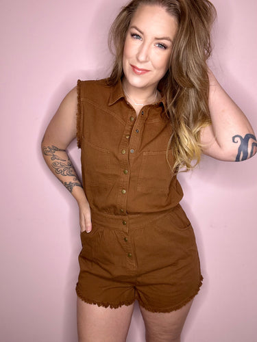 Toffee Button Up Washed Romper