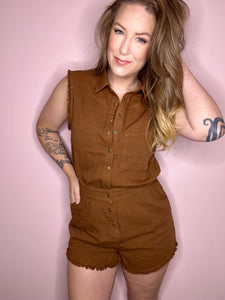 Toffee Button Up Washed Romper