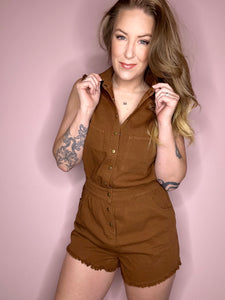 Toffee Button Up Washed Romper