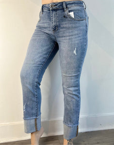 Risen Mid Rise Raw Hem Slim Jeans