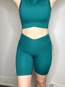 Turquoise Crossover Waist Biker Shorts