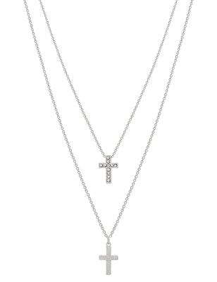 Silver Two Layer Rhinestone and Silver Cross Necklace