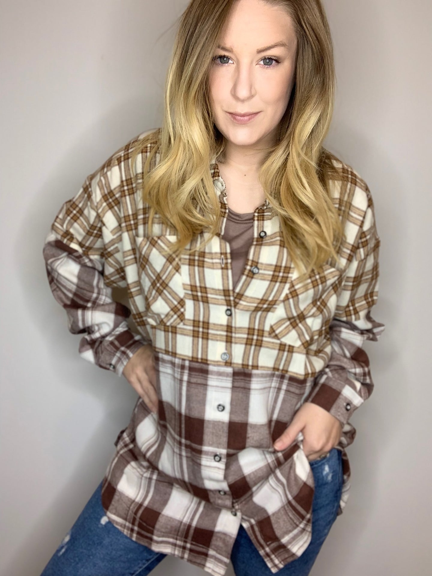 Brown Mixed Plaid Button Down w/ Pockets