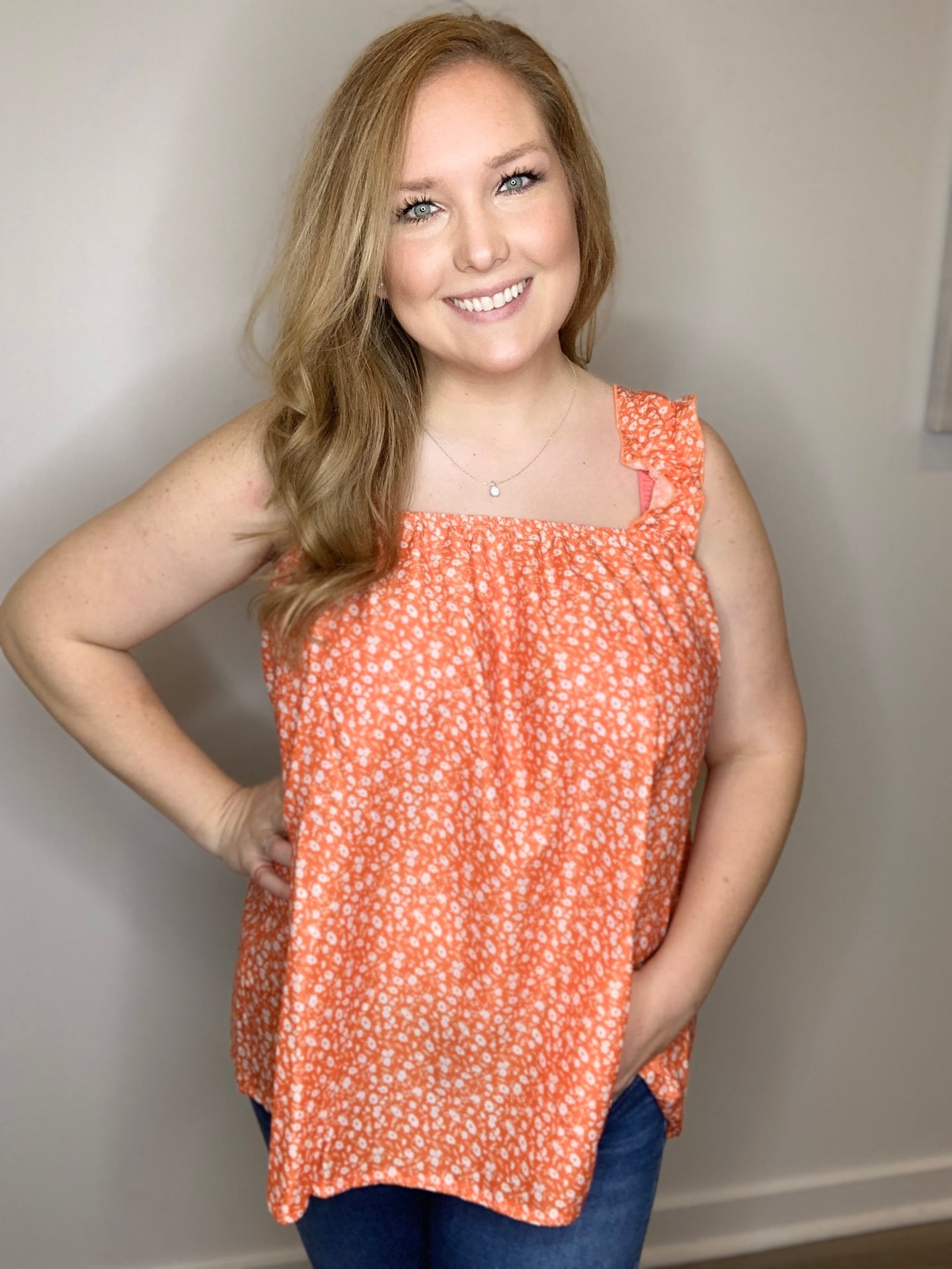 Orange Floral Ruffle Strap Tank