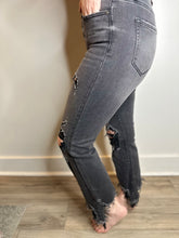 Load image into Gallery viewer, Black Distressed Cropped Flare Jeans