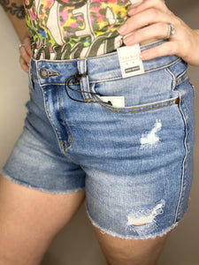 Light Wash Distressed Raw Hem Jean Short