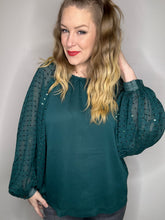 Load image into Gallery viewer, Hunter Green Bubble Sleeve Sequin Top